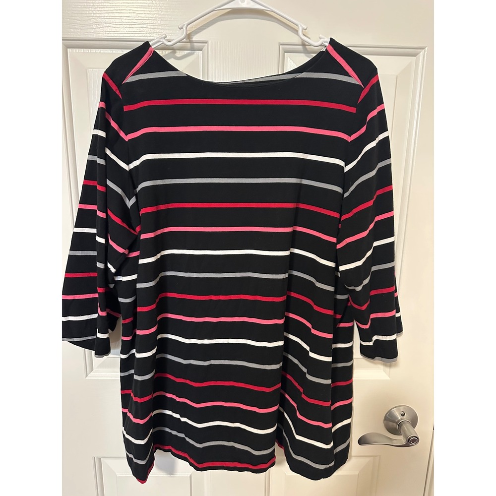 Denim & Co Top Womens 2X Black Striped 3/4 Sleeve Boat Neck Cotton Blend